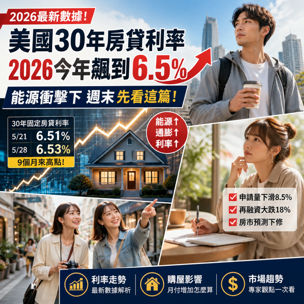 美國30年房貸利率2026今年飆到6.5%：能源衝擊下週末先看這篇！