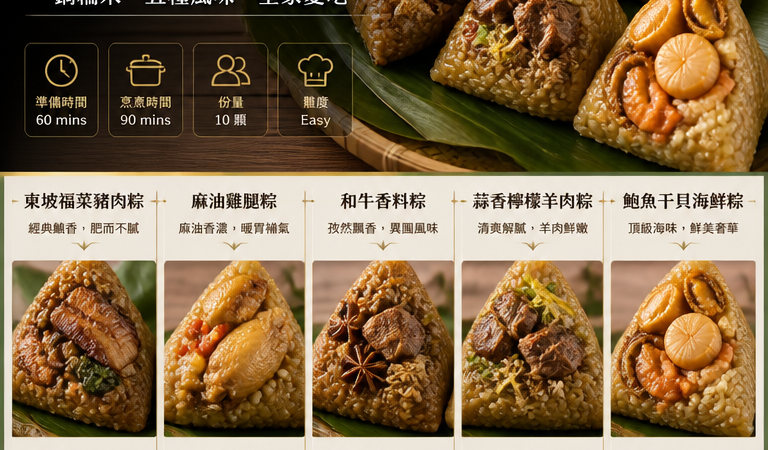 端午必學料理｜5款各國風味粽子懶人食譜：東坡福菜豬肉粽、麻油雞腿粽、和牛香料粽、蒜香檸檬羊肉粽、鮑魚干貝海鮮粽