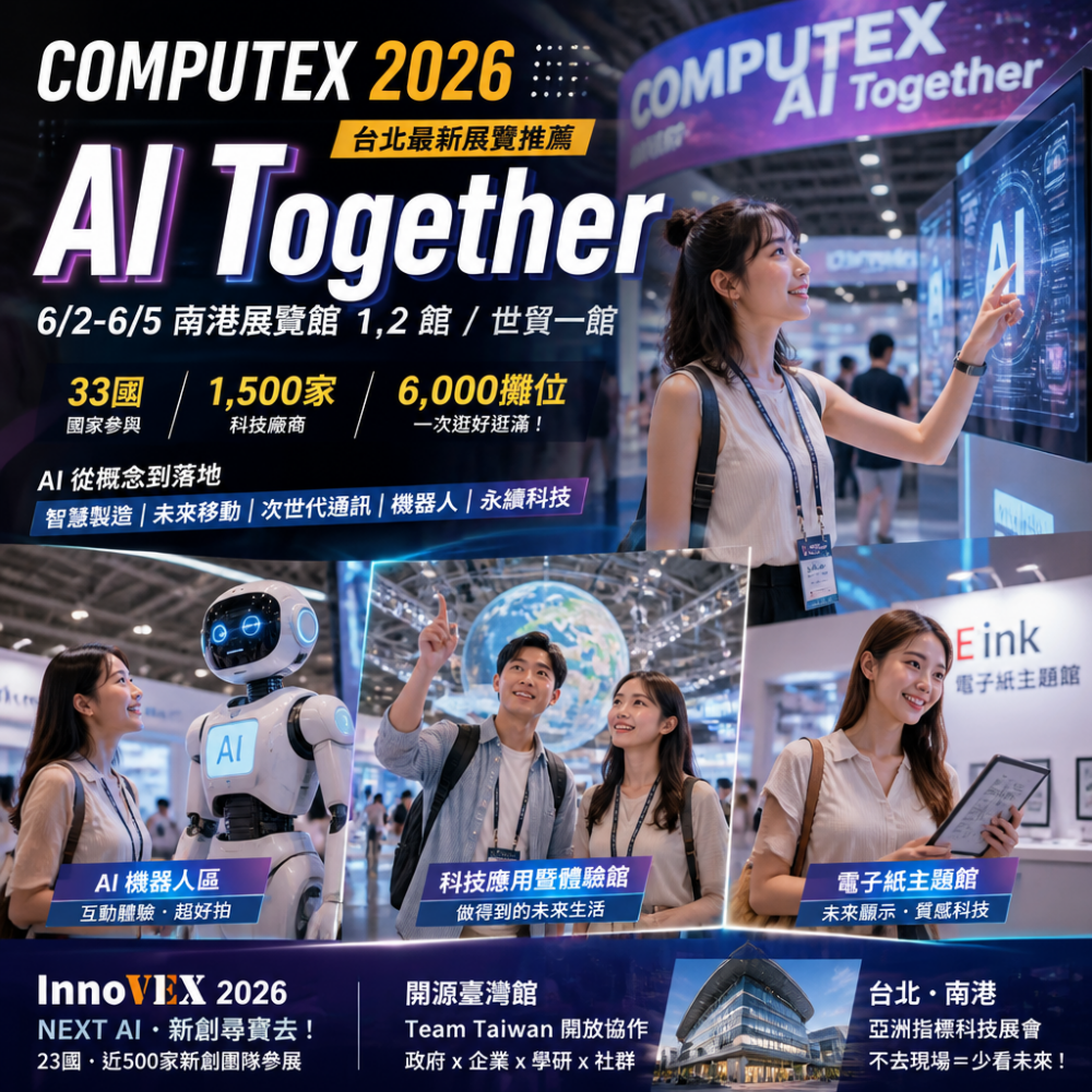 台北最新展覽推薦｜COMPUTEX 2026「AI Together」6/2-6/5南港開展：33國1,500家廠商+6,000攤位超好拍攻略