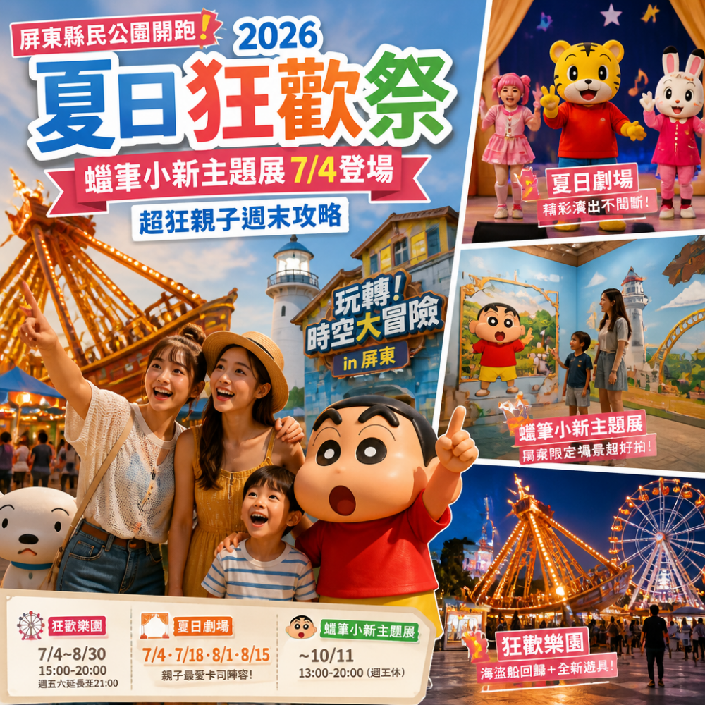 屏東縣民公園開跑！2026「夏日狂歡祭」蠟筆小新主題展7/4登場：超狂親子週末攻略