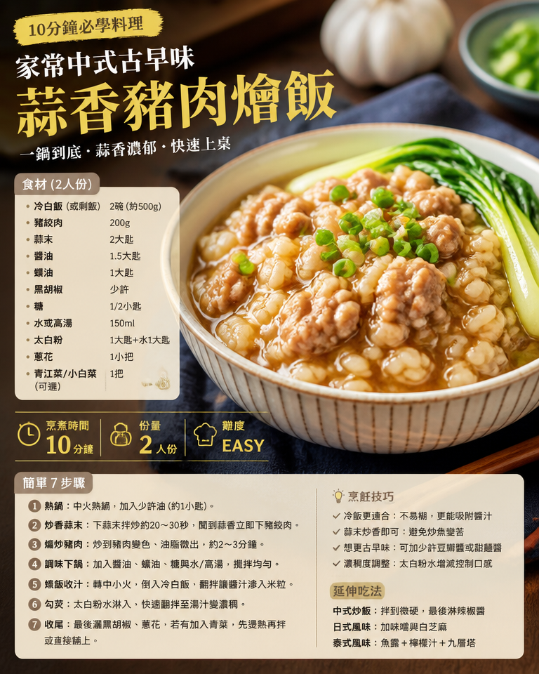 10分鐘必學料理：家常中式古早味蒜香豬肉燴飯（上班族懶人食譜）