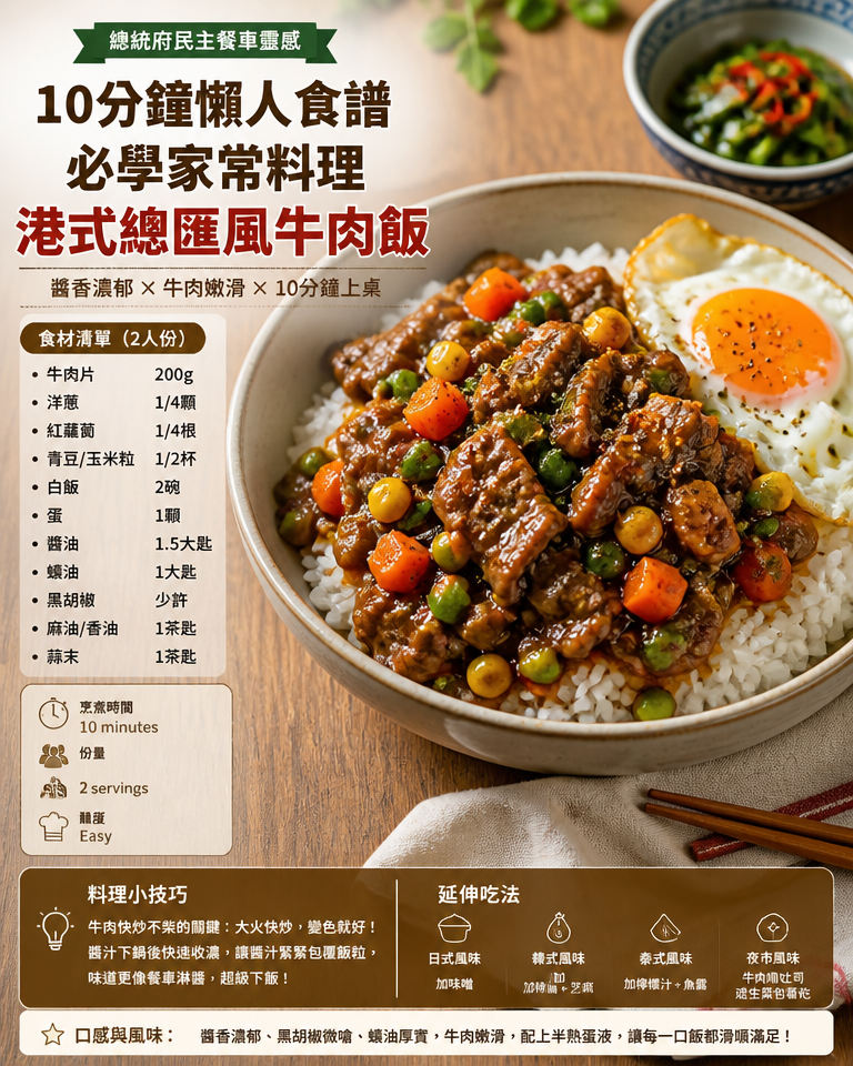 總統府民主餐車靈感：10分鐘懶人食譜必學家常料理｜港式總匯風牛肉飯