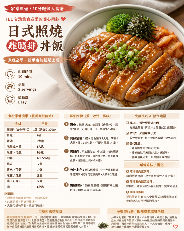 【家常料理/10分鐘懶人食譜】TEL台灣集食送愛的暖心同款：日式照燒雞腿排丼飯（家庭必學）