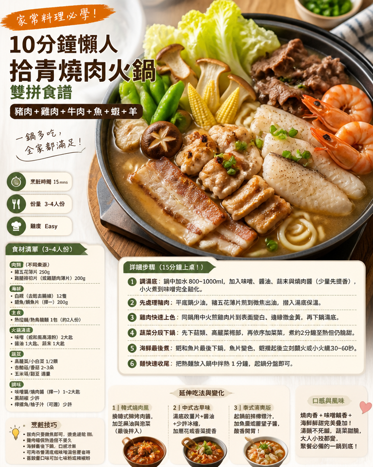 家常料理必學！10分鐘懶人「拾青燒肉火鍋」雙拼食譜（豬肉+雞肉+牛肉+魚+蝦+羊）