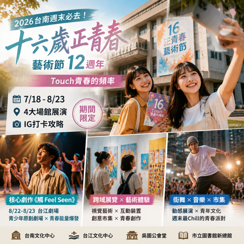 2026台南週末必去｜「十六歲正青春藝術節」12週年期間限定，4大場館展演+IG打卡攻略