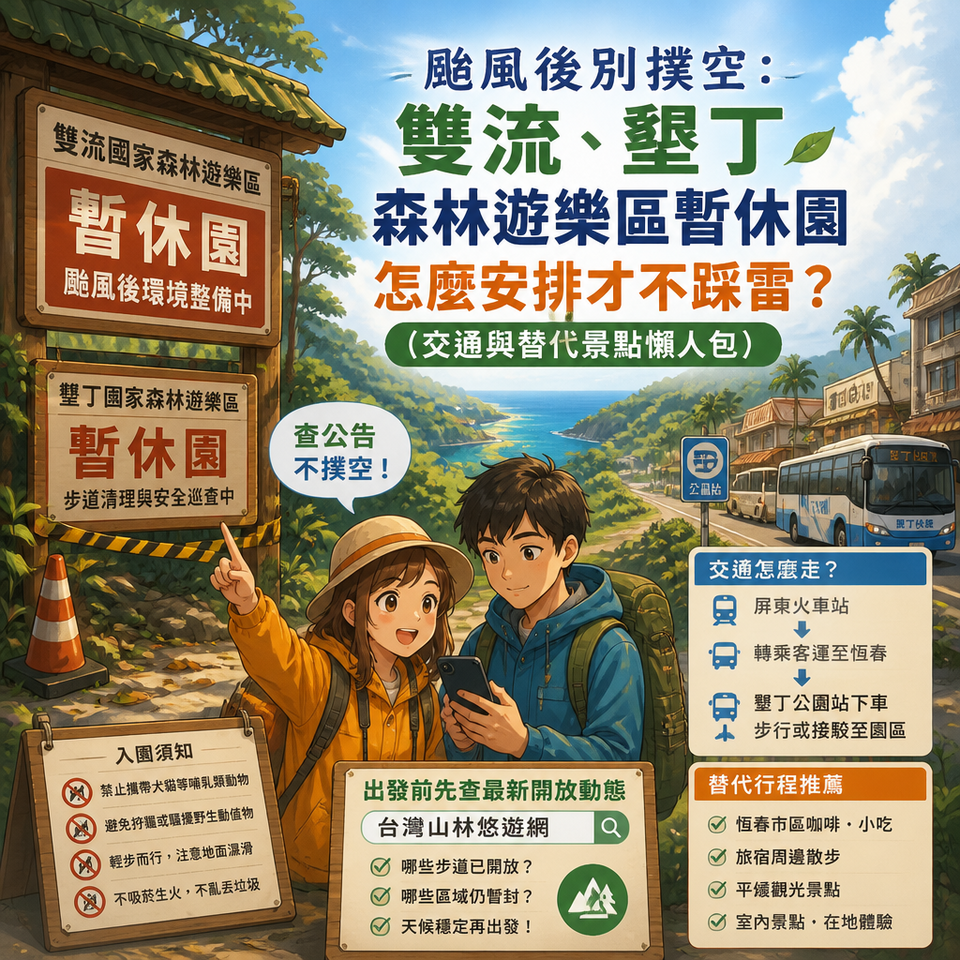 颱風後別撲空：雙流、墾丁森林遊樂區暫休園怎麼安排才不踩雷？（交通與替代景點懶人包）
