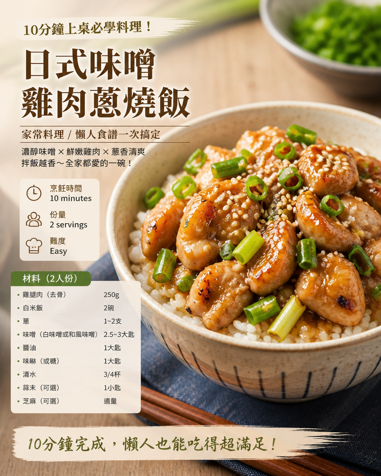 10分鐘上桌必學料理：日式味噌雞肉蔥燒飯（家常料理/懶人食譜一次搞定）