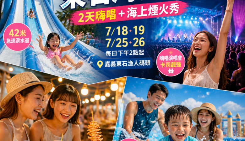 2026「東石海之夏」嘉義東石漁人碼頭週末活動必去！2天嗨唱＋42米急速滑水道＋海上煙火