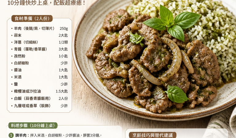 【家常料理/懶人食譜】10分鐘上桌的安心快炒：香草孜然炙烤羊肉配蒜香青醬飯（中式古早味×家庭料理必學）