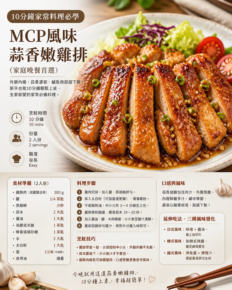 10分鐘家常料理必學：MCP風味蒜香嫩雞排（家庭晚餐首選）
