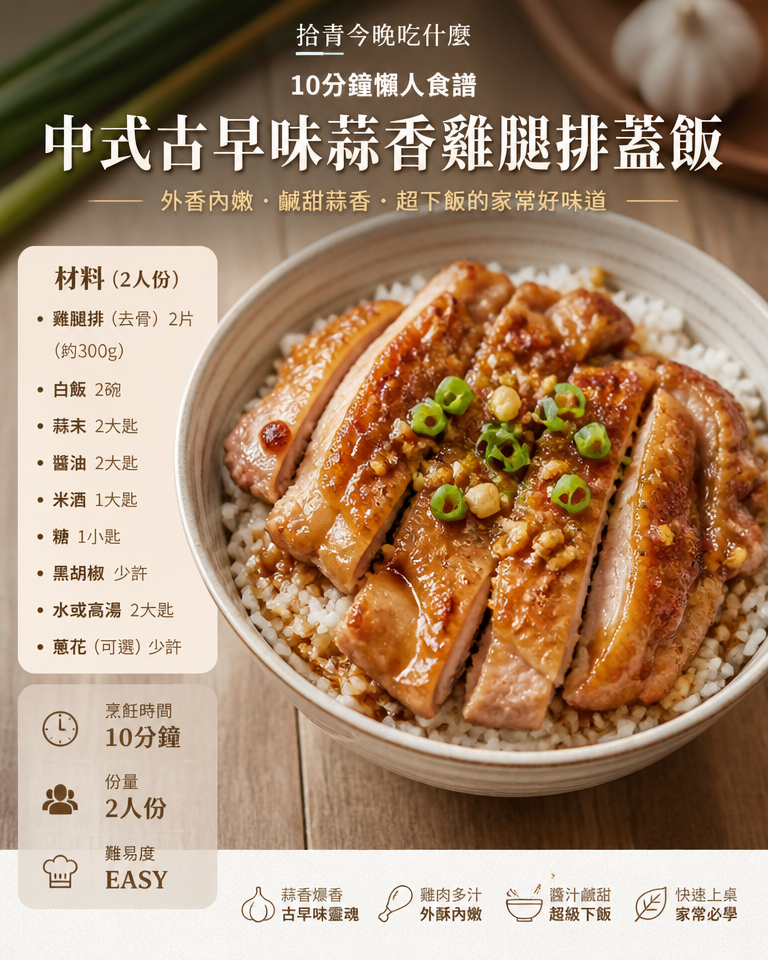 拾青今晚吃什麼|10分鐘懶人食譜:中式古早味蒜香雞腿排蓋飯,家庭必學料理