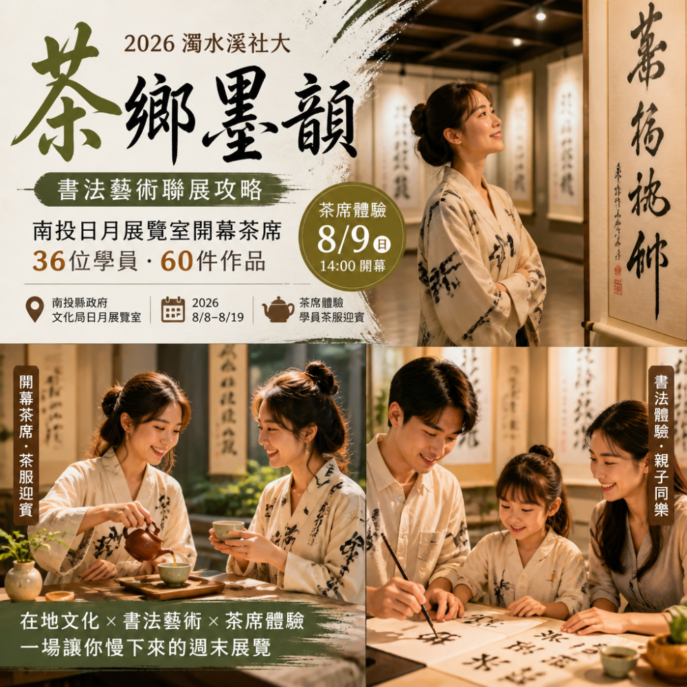 茶鄉墨韻書法聯展攻略：2026濁水溪社大南投日月展覽室開幕茶席＋36位學員60件作品