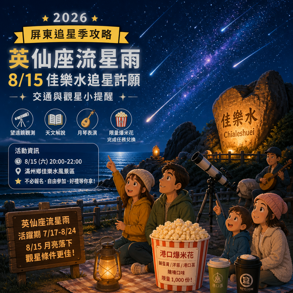 2026英仙座流星雨屏東追星季攻略:8/15佳樂水追星許願、交通與觀星小提醒