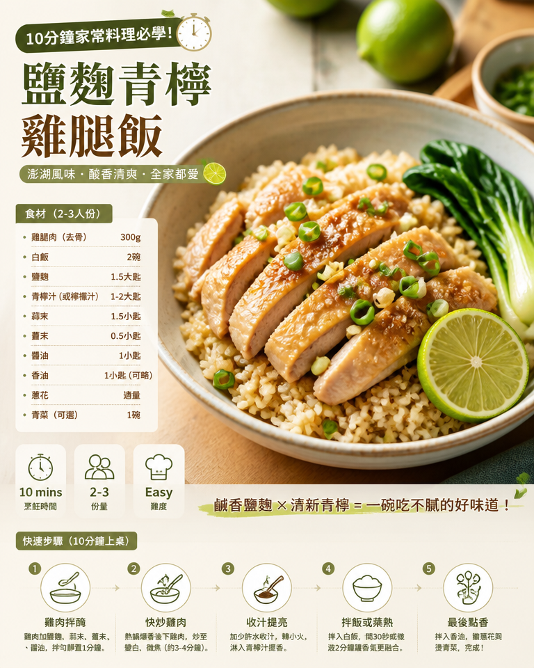10分鐘家常料理必學！澎湖風味「鹽麴青檸雞腿飯」懶人食譜（家庭聚餐也好上手）