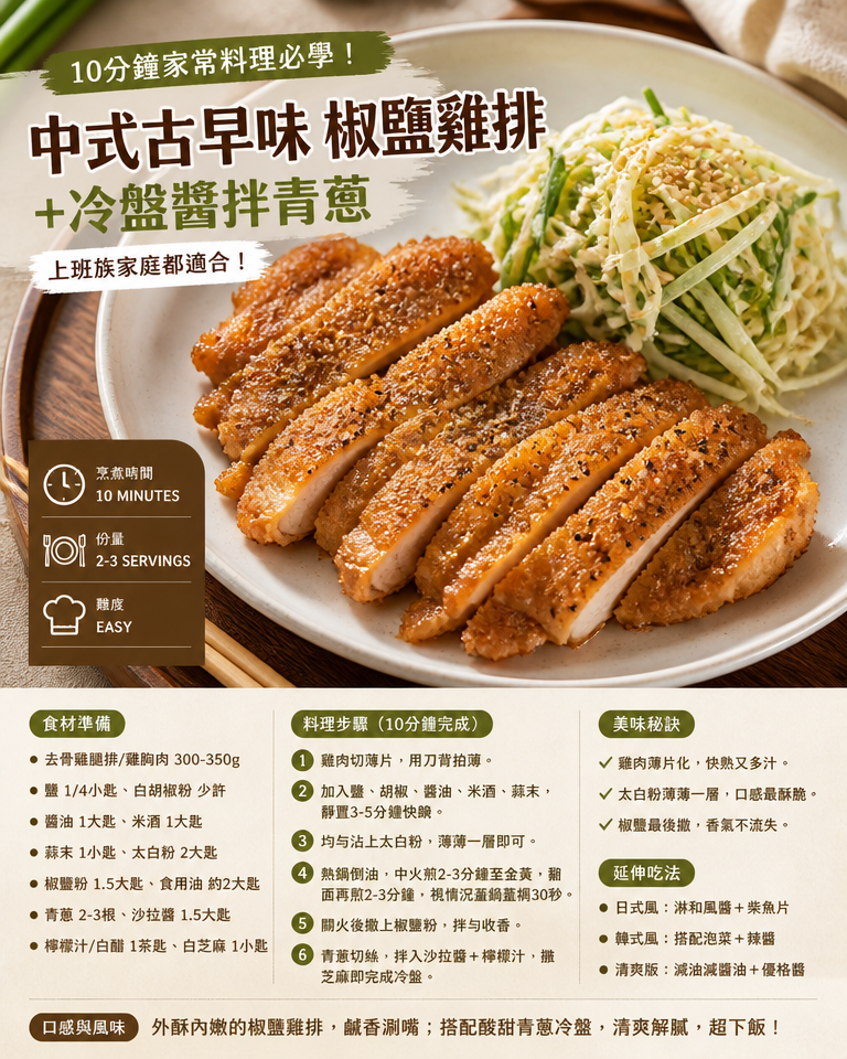 10分鐘家常料理必學！中式古早味椒鹽雞排＋冷盤醬拌青蔥（上班族家庭都適合）