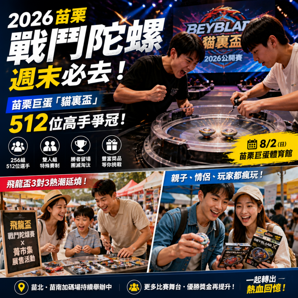 2026苗栗戰鬥陀螺週末必去!苗栗巨蛋「貓裏盃」512位高手爭冠 + 爸爸節3對3熱潮攻略