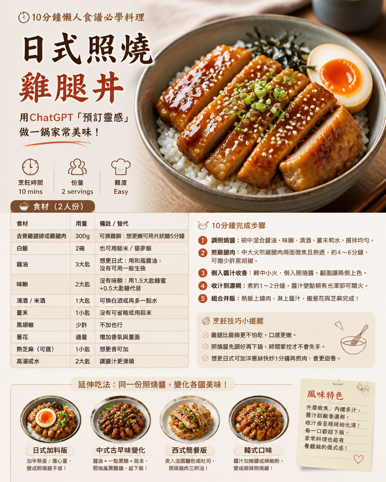 10分鐘懶人食譜必學料理：用ChatGPT「預訂靈感」做一鍋家常日式照燒雞腿丼（附各國變化）