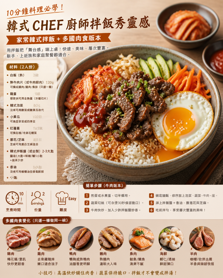 10分鐘料理必學！韓式CHEF廚師拌飯秀靈感｜家常韓式拌飯+多國肉食版本