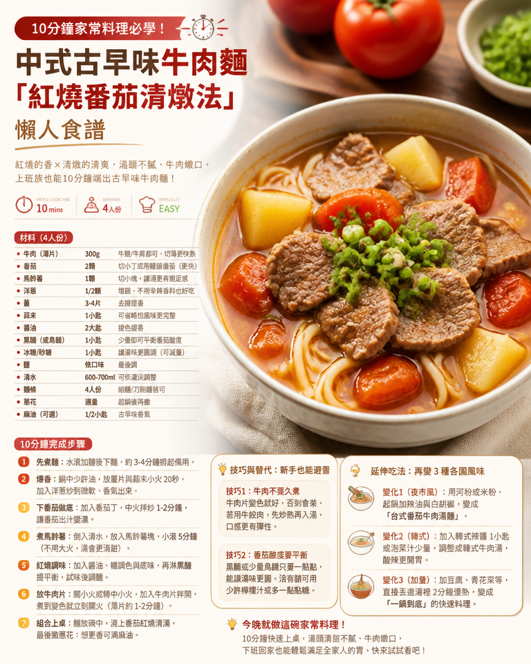 10分鐘家常料理必學!中式古早味牛肉麵「紅燒番茄清燉法」懶人食譜