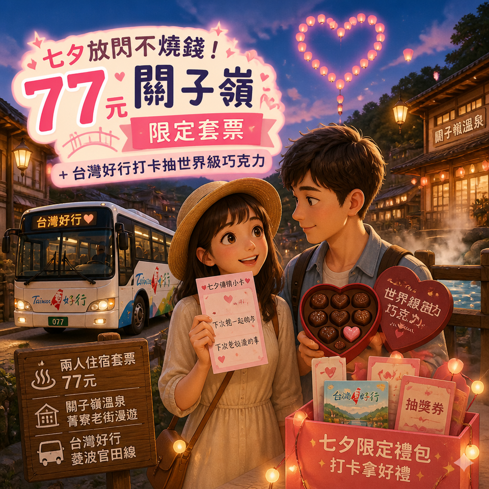七夕放閃不燒錢!西拉雅「77元關子嶺」限定套票+台灣好行打卡抽世界級巧克力