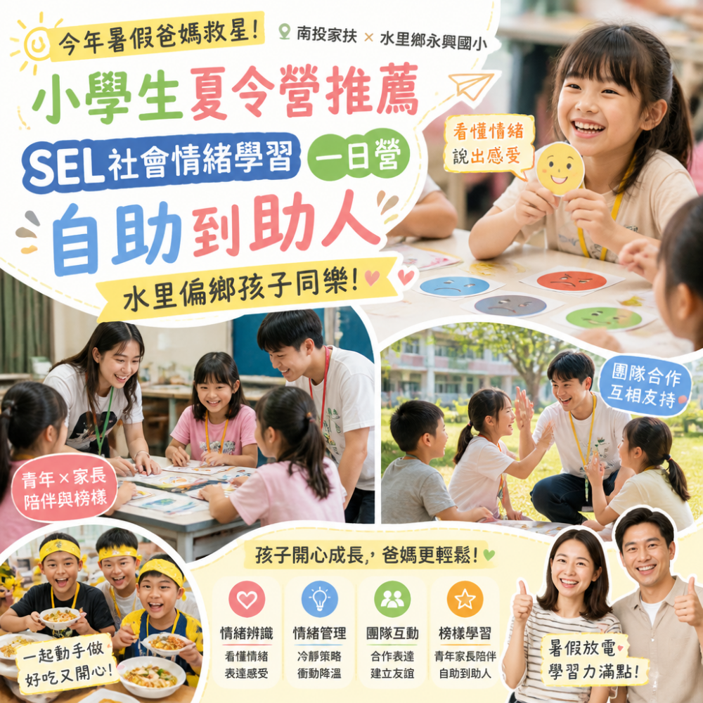 今年暑假爸媽救星！小學生夏令營推薦：SEL社會情緒學習一日營，自助到助人（南投家扶）×水里偏鄉孩子同樂