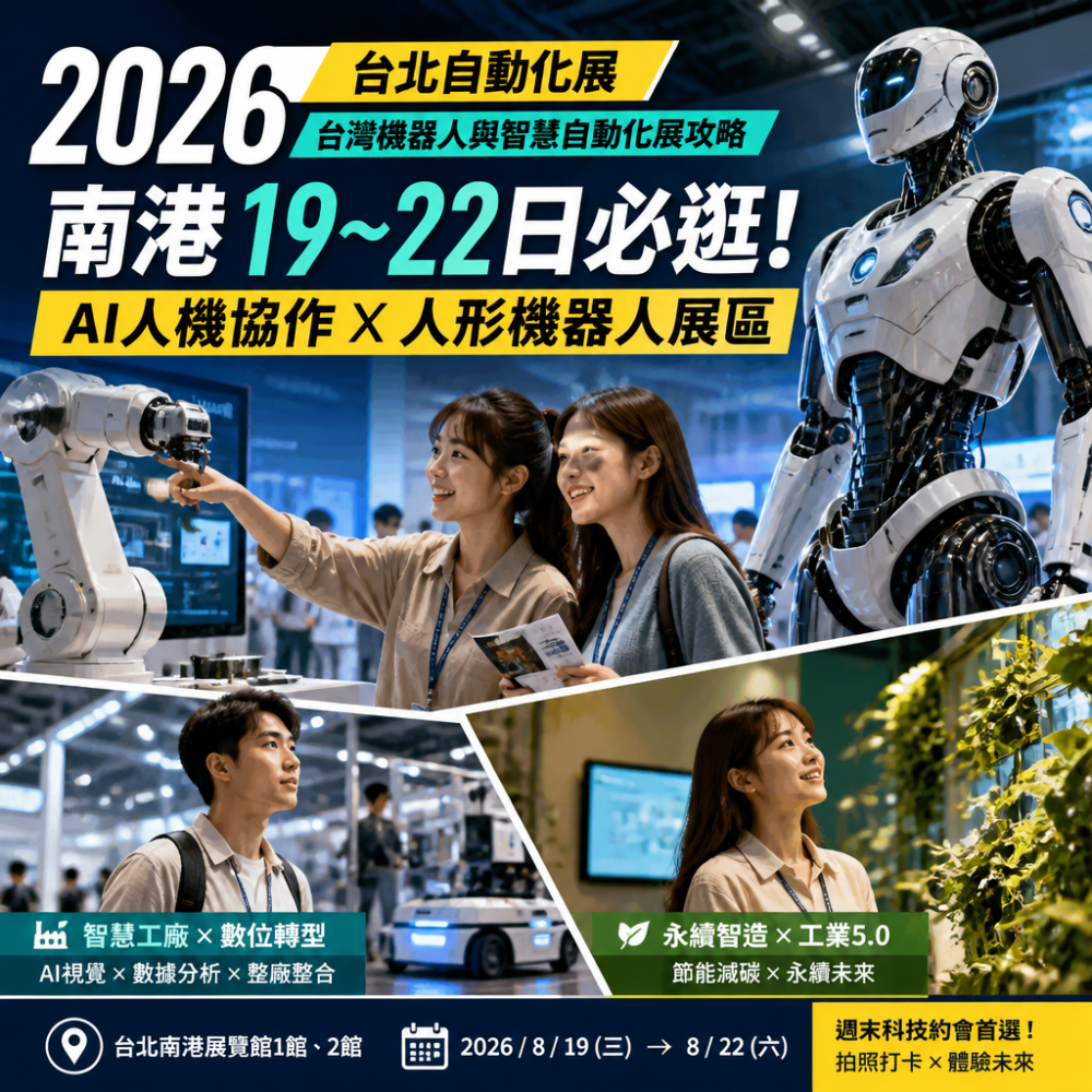 2026台北自動化展+台灣機器人與智慧自動化展攻略:南港19~22日必逛AI人機協作x人形機器人展區