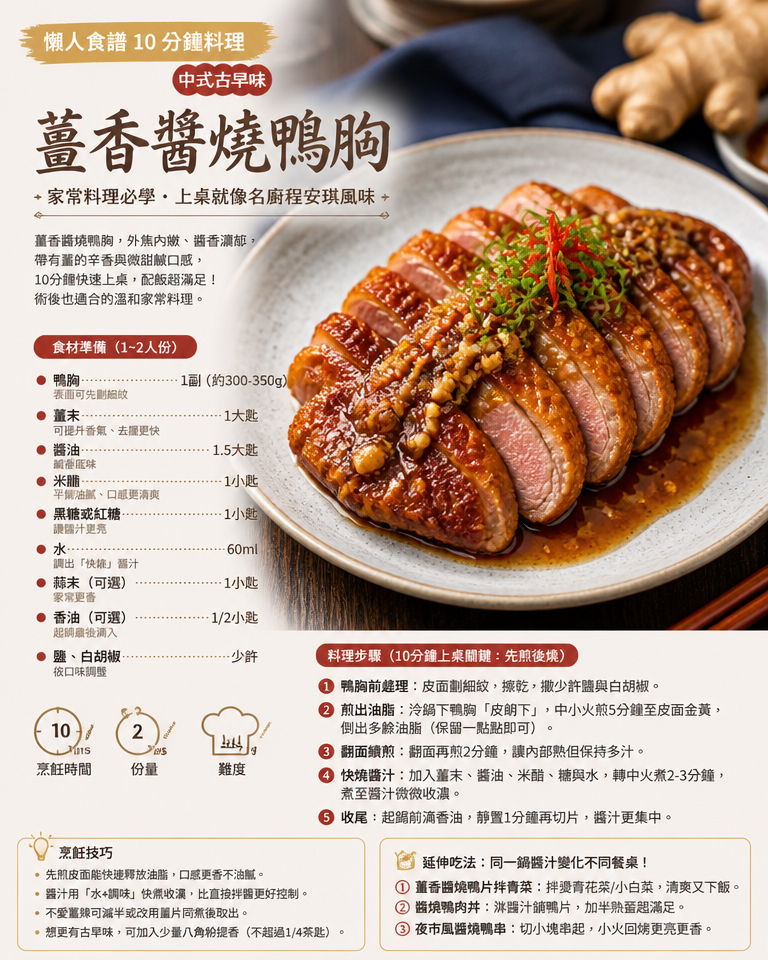 【懶人食譜10分鐘料理】中式古早味「薑香醬燒鴨胸」家常料理必學:上桌就像名廚程安琪風味