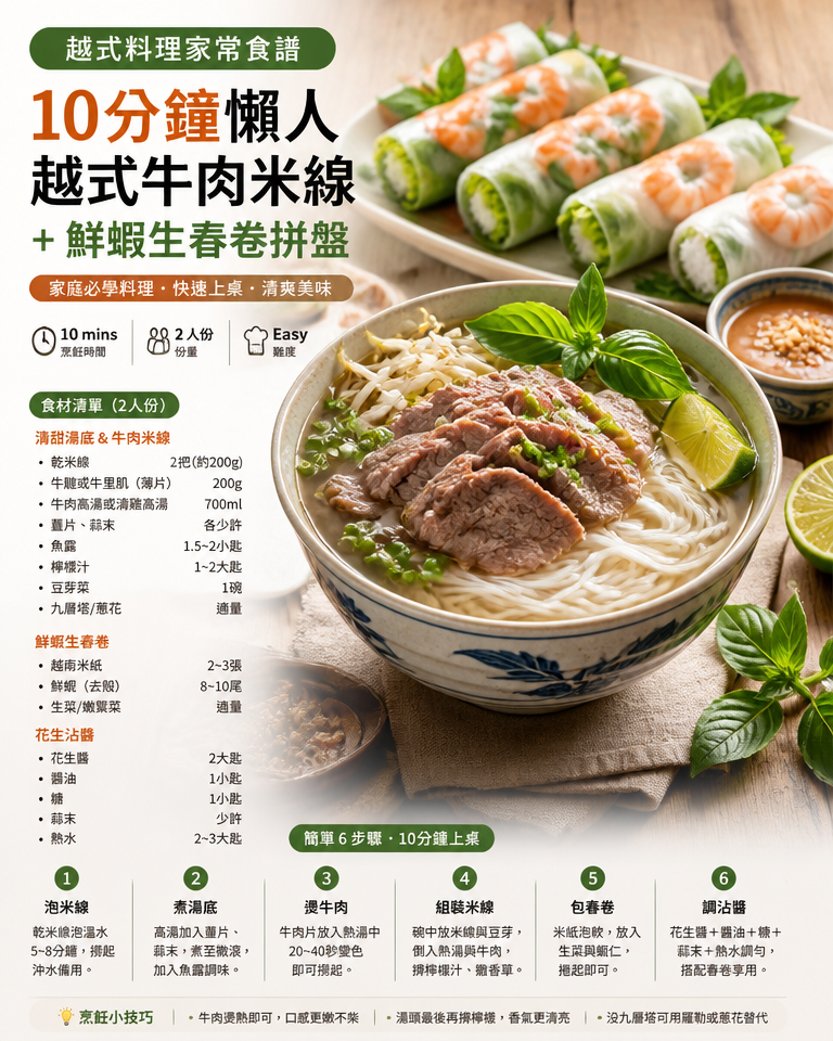 越式料理家常食譜：10分鐘懶人越式牛肉米線＋鮮蝦生春卷拼盤（家庭必學料理）