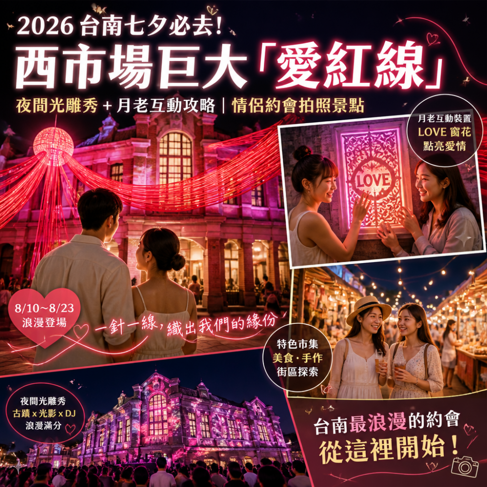 2026台南七夕必去!西市場巨大「愛紅線」夜間光雕秀+月老互動攻略|情侶約會拍照景點