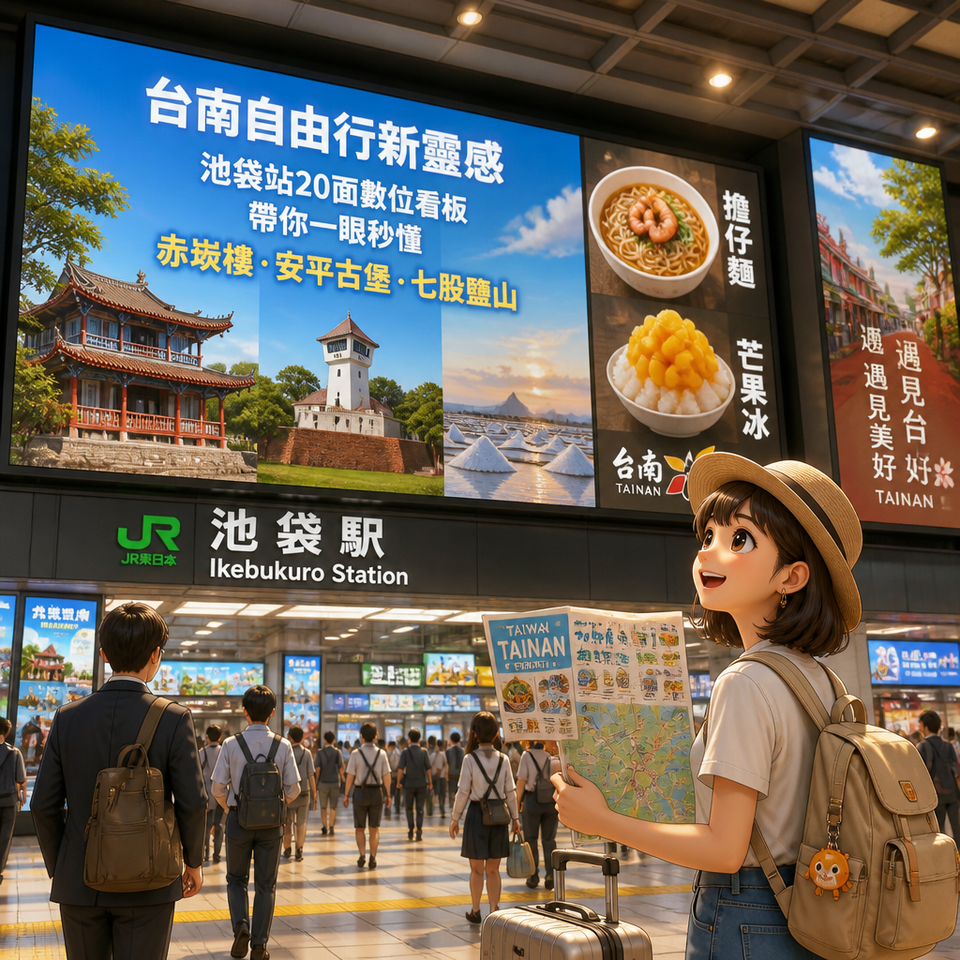 台南自由行新靈感:池袋站20面數位看板帶你一眼秒懂赤崁樓、安平古堡與七股鹽山