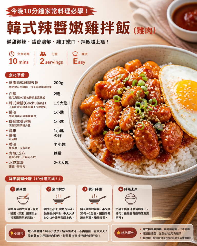 今晚10分鐘家常料理必學：韓式辣醬嫩雞拌飯（雞肉）