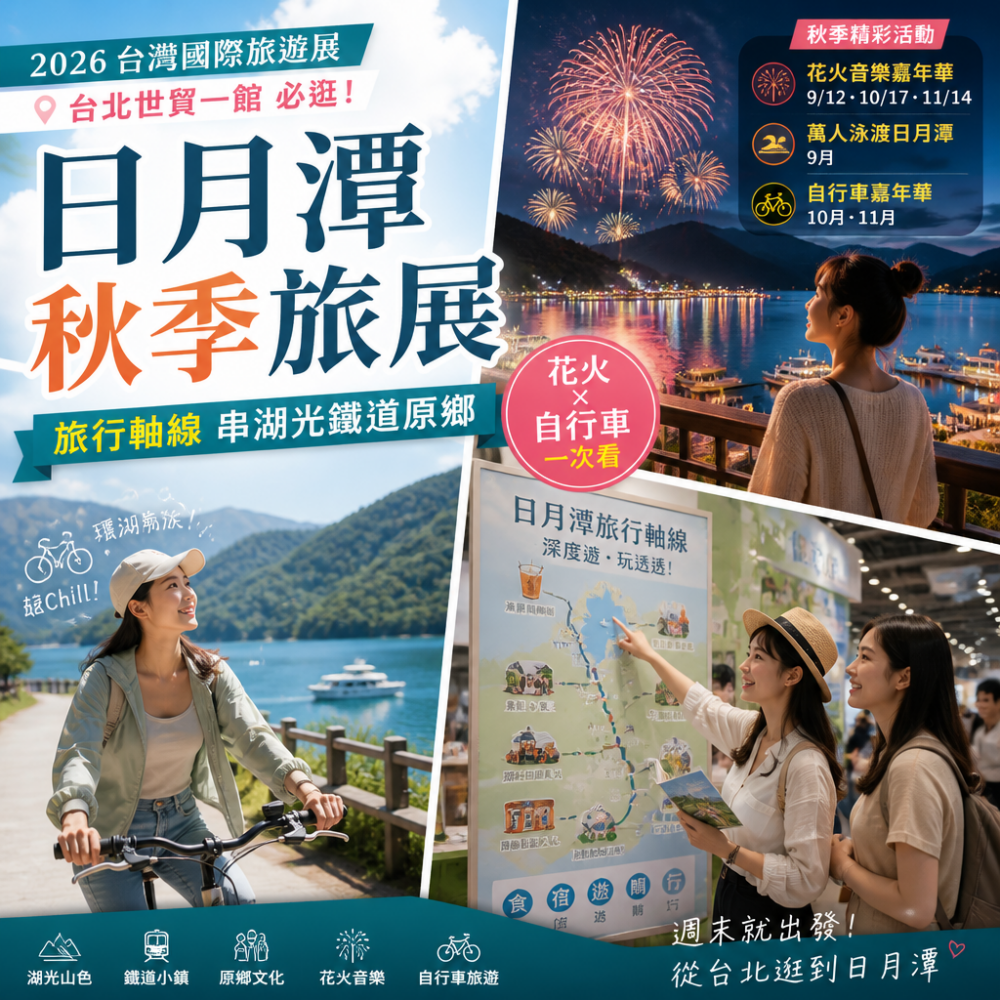 2026台灣國際旅遊展台北世貿一館必逛!日月潭秋季旅展「旅行軸線」串湖光鐵道原鄉+花火/自行車一次看