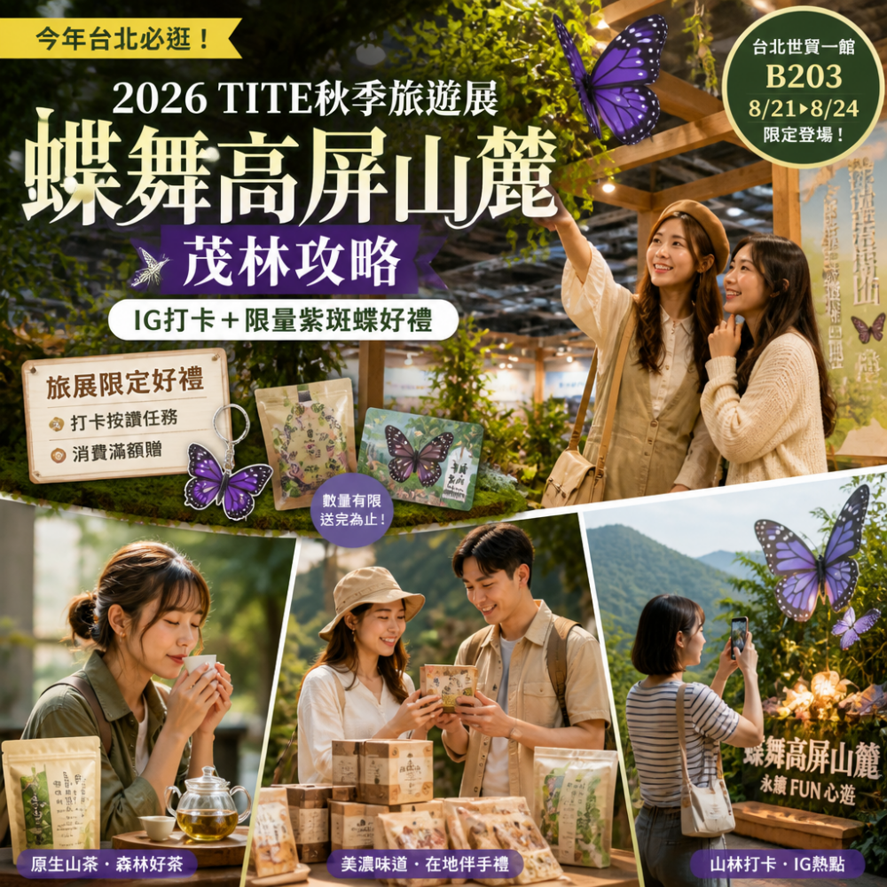 今年台北必逛!2026 TITE秋季旅遊展茂林「蝶舞高屏山麓」攻略:IG打卡+限量紫斑蝶好禮