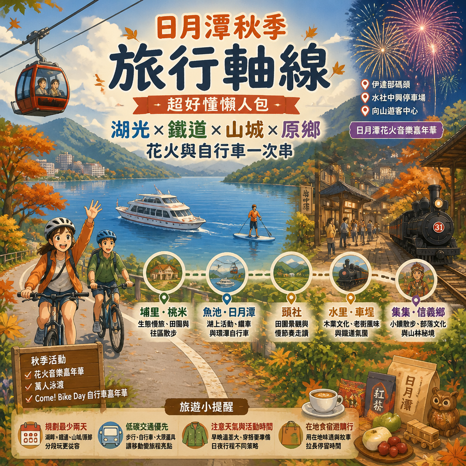日月潭秋季「旅行軸線」超好懂懶人包:湖光×鐵道×山城×原鄉,花火與自行車一次串