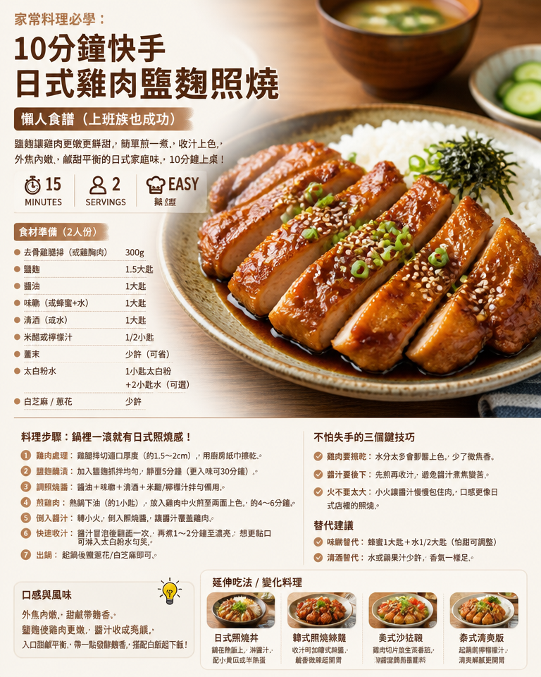 家常料理必學：10分鐘快手「日式雞肉鹽麴照燒」懶人食譜（上班族也成功）