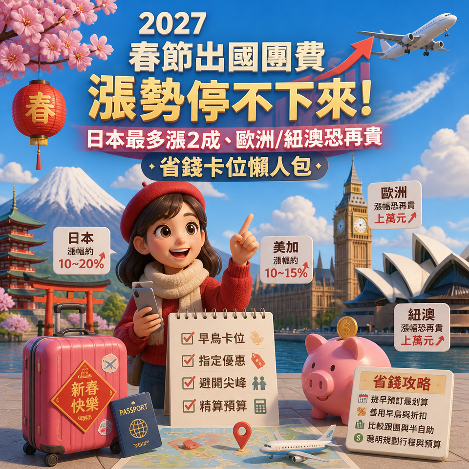 2027 春節出國團費漲勢停不下來：日本最多漲2成、歐洲/紐澳恐再貴，省錢卡位懶人包