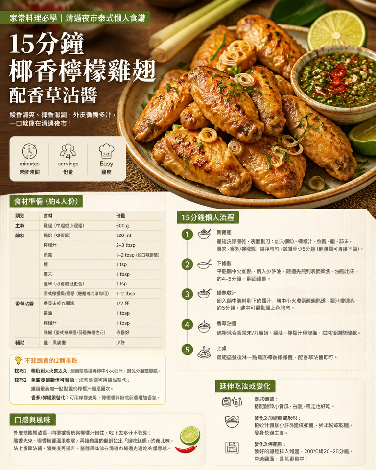 【家常料理必學】清邁夜市泰式懶人食譜：15分鐘椰香檸檬雞翅配香草沾醬