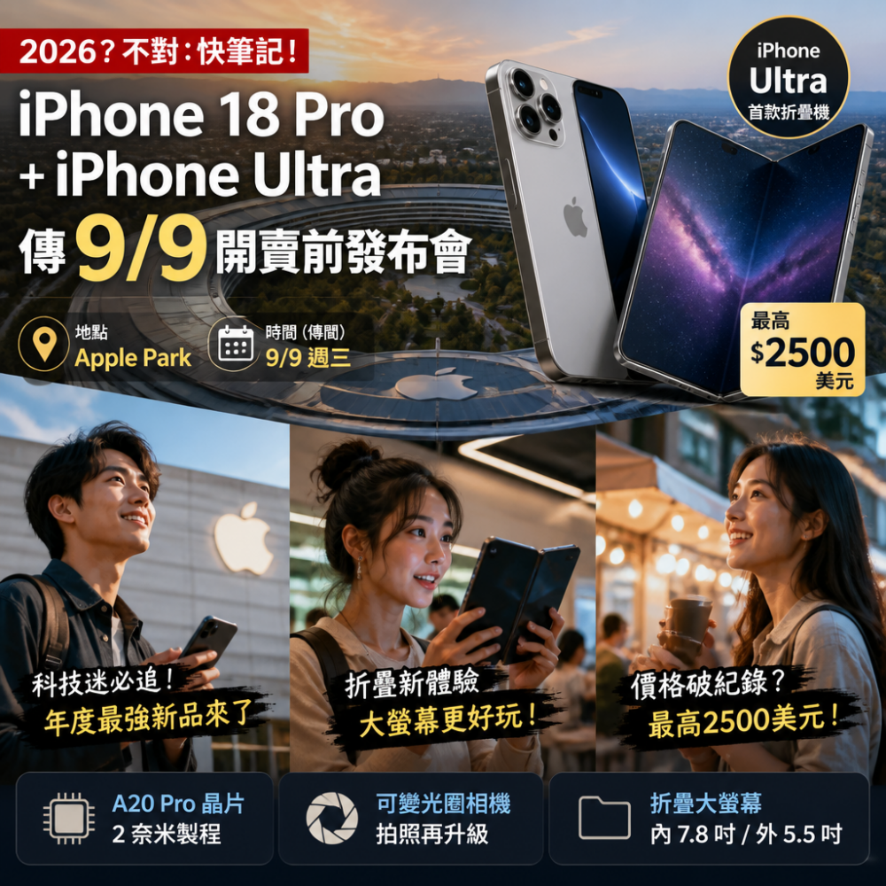 2026 ?不對:快筆記!iPhone 18 Pro+iPhone Ultra 折疊機傳9/9開賣前發布會地點 Apple Park、最高2500美元