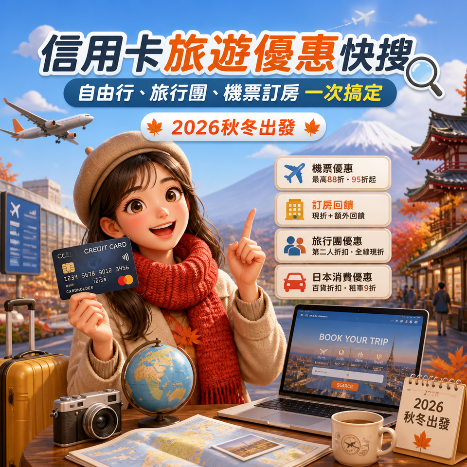 信用卡旅遊優惠快搜:自由行、旅行團、機票訂房一次搞定(2026秋冬出發)