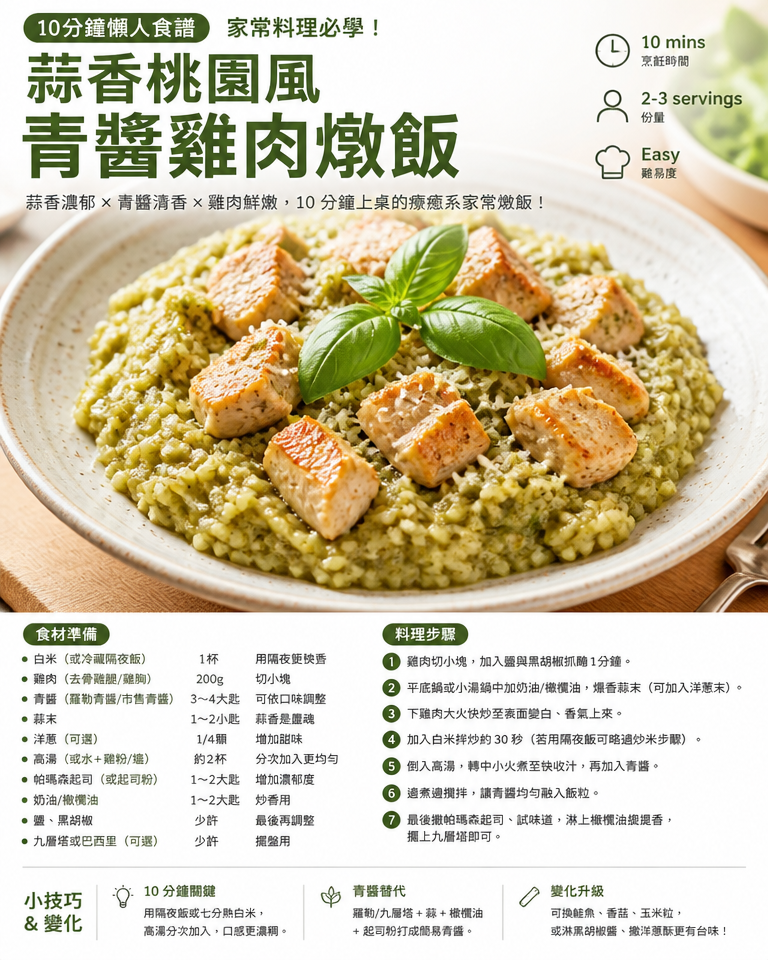 10分鐘懶人食譜|家常料理必學!蒜香桃園風「青醬雞肉燉飯」