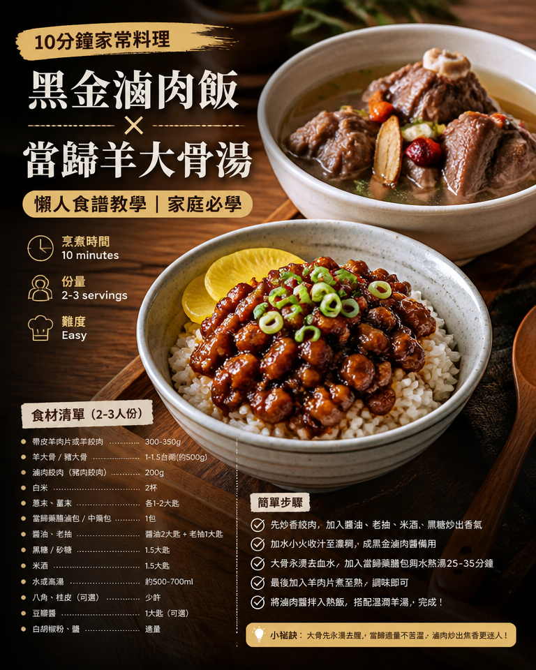 【10分鐘家常料理】黑金滷肉飯×當歸羊大骨湯|懶人食譜教學(家庭必學)