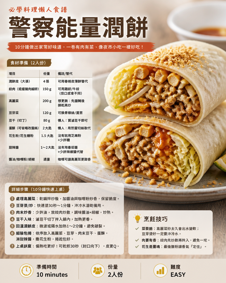必學料理懶人食譜|10分鐘做出家常「警察能量潤餅」:一卷有肉有菜、像夜市小吃一樣好吃
