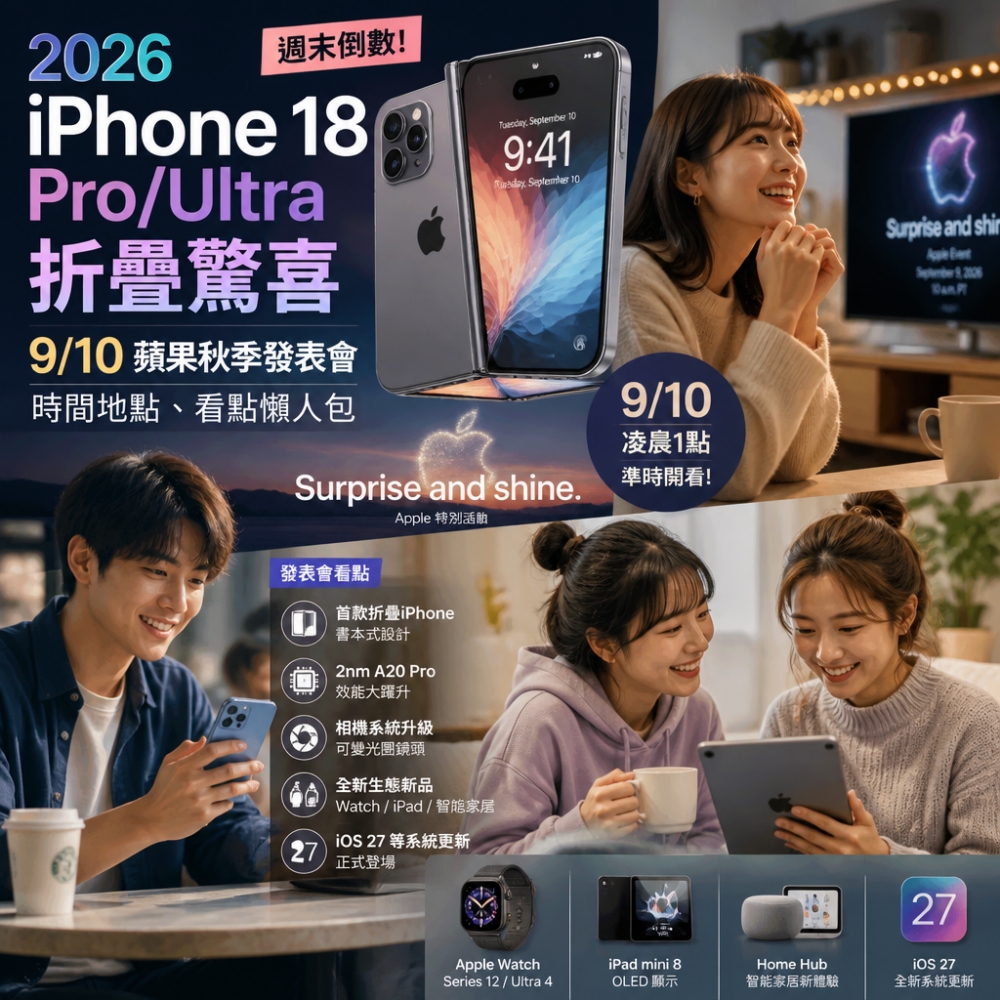2026 iPhone 18 Pro/Ultra「折疊驚喜」週末倒數:9/10 蘋果秋季發表會時間地點、看點懶人包