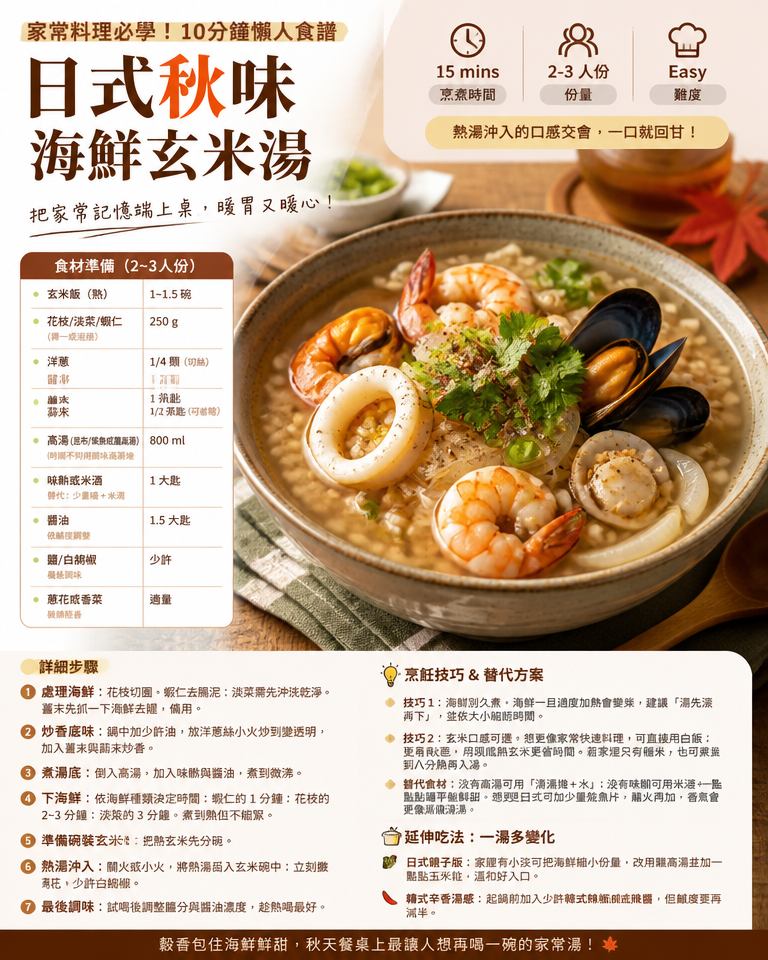 家常料理必學!10分鐘懶人食譜:日式秋味海鮮玄米湯(家庭聚餐也好用)