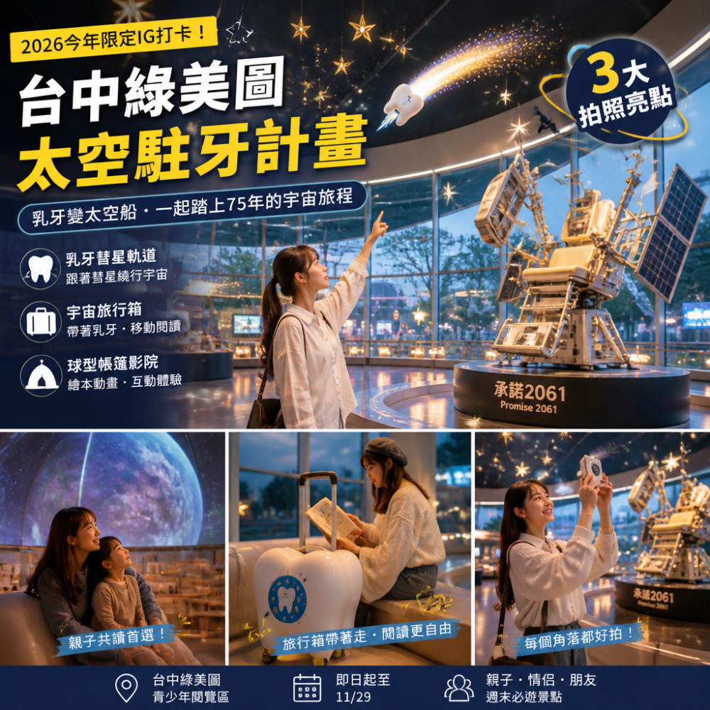 2026今年限定IG打卡!台中綠美圖「太空駐牙計畫」3大拍照亮點:乳牙彗星軌道+旅行箱星際閱讀