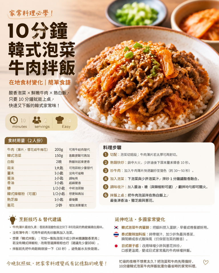 家常料理必學!10分鐘韓式泡菜牛肉拌飯+在地食材變化|簡單食譜