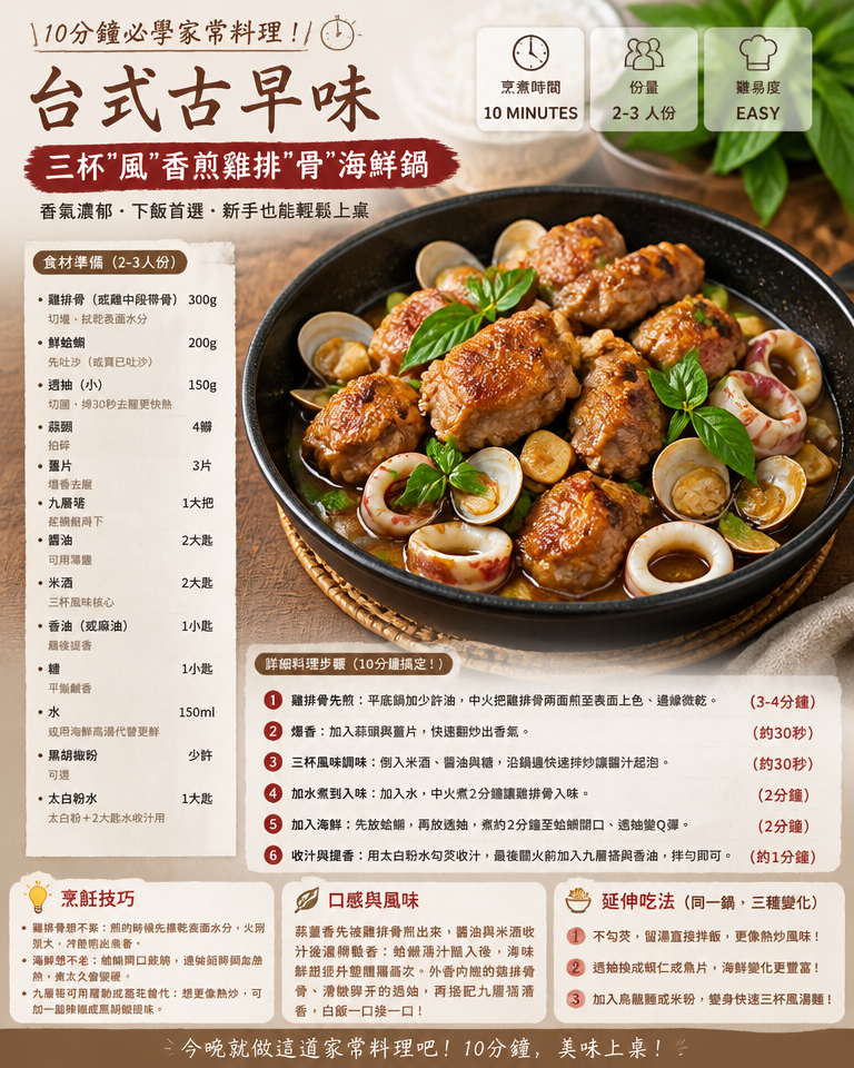 10分鐘必學家常料理:台式古早味「三杯”風”香煎雞排”骨”海鮮鍋」簡單食譜