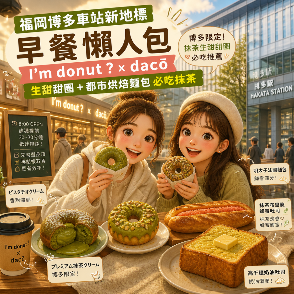 福岡博多車站新地標早餐懶人包：I’m donut？x dacō 生甜甜圈＋都市烘焙麵包必吃抹茶