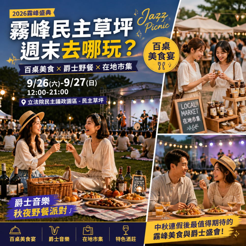 霧峰民主草坪週末去哪玩?2026霧峰盛典9/26-9/27百桌美食+爵士野餐必看