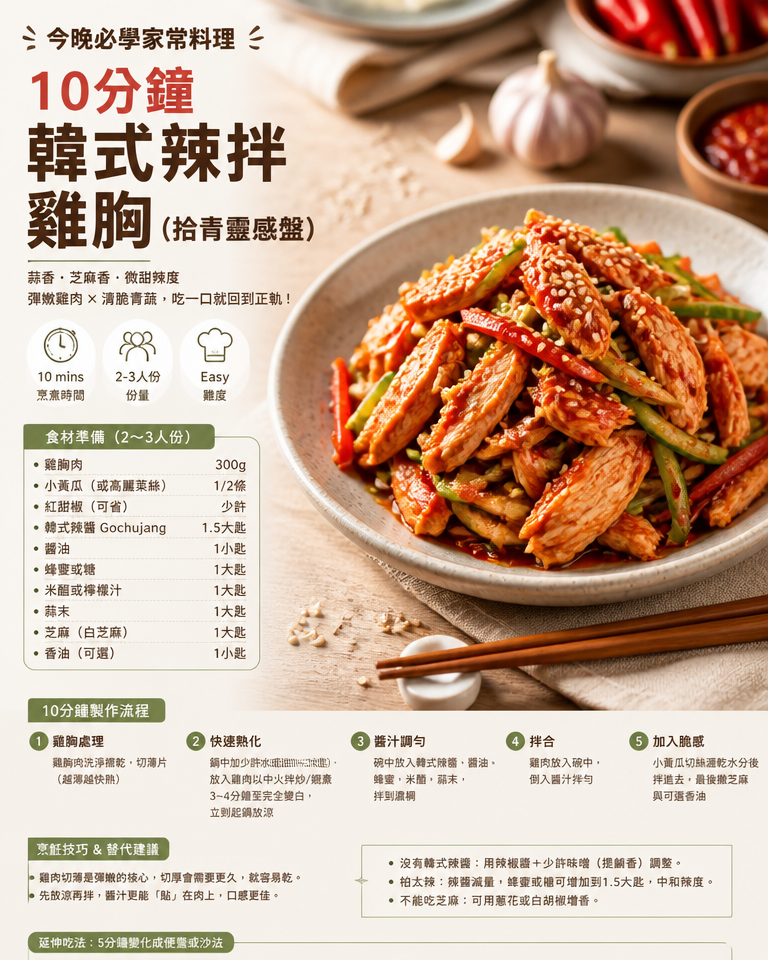 今晚必學家常料理：10分鐘韓式辣拌雞胸（拾青靈感盤）